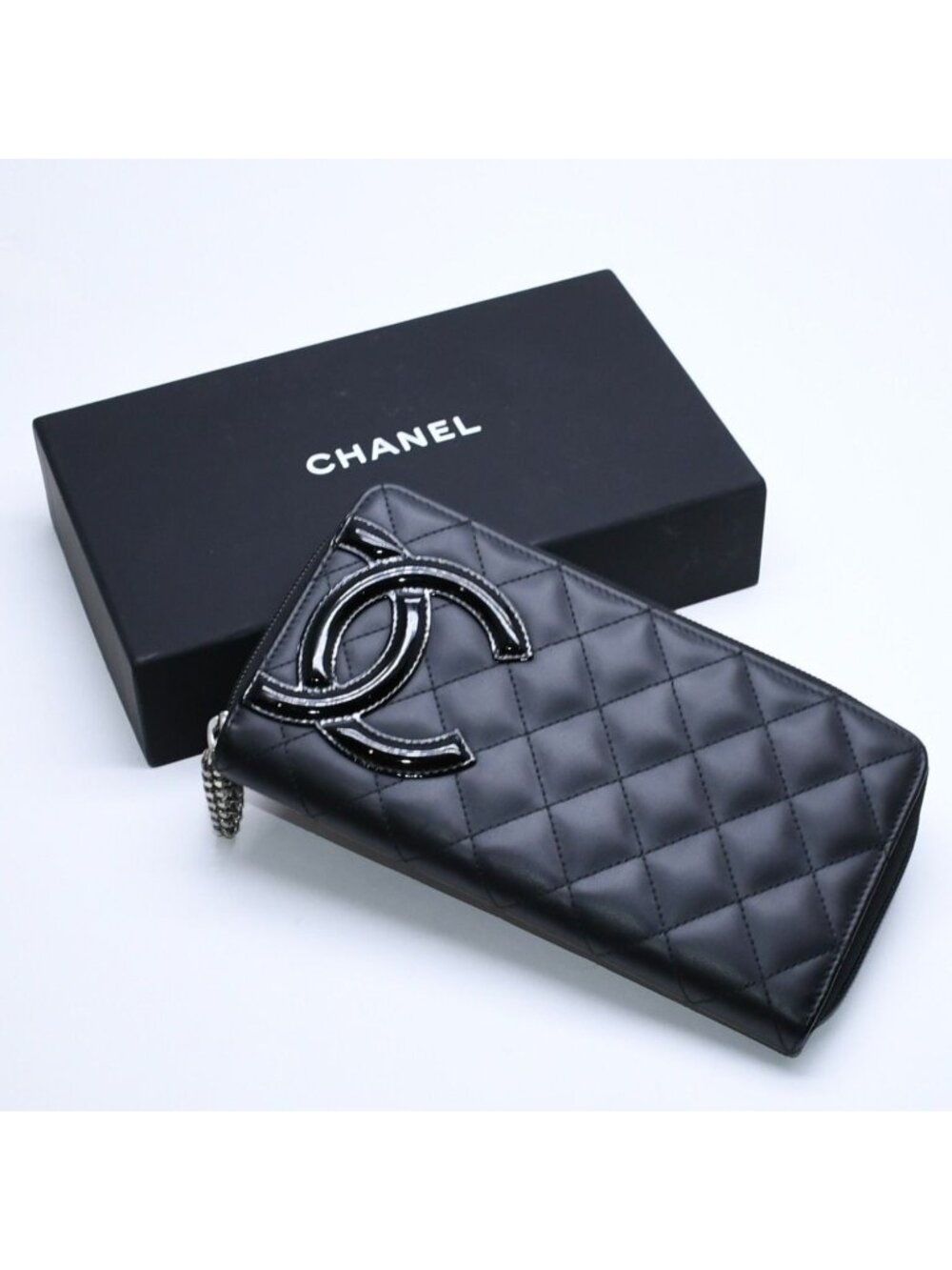 Chanel Cambon Line Round Zip Wallet Calfskin Black Silver